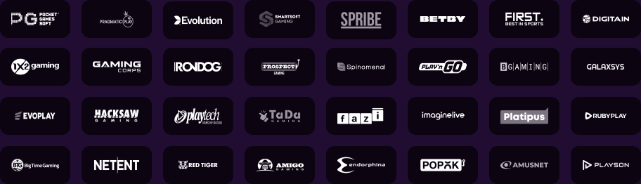 Provedores e sportsbooks integrados: Pocket Games Soft, Pragmatic Play, Evolution, SmartSoft, Spribe, BetBy, First, Digitain, 1x2 Gaming, Gaming Corps, Irondog, Prospect, Spinomenal, Play'n GO, BGaming, Galaxsys, Evoplay, Hacksaw, Playtech, Tada, Fazi, ImagineLive, Platipus, RubyPlay, Big Time Gaming, NetEnt, Red Tiger, Amigo, Endorphina, Popok, Amusnet, Playson